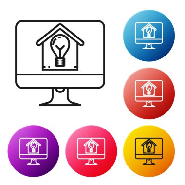 Akıllı ev ve ampul simgesi beyaz arka plan üzerinde izole ile Siyah hat Bilgisayar monitörü. Simgeleri renkli daire düğmeleri ayarlayın. Vektör İllüstrasyonu