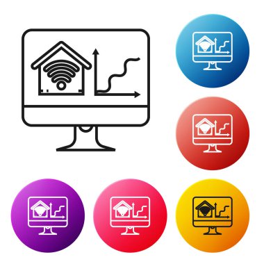 Beyaz arka plan üzerinde izole wi-fi simgesi ile akıllı ev ile Siyah hat Bilgisayar monitörü. Uzaktan kumanda. Simgeleri renkli daire düğmeleri ayarlayın. Vektör İllüstrasyonu