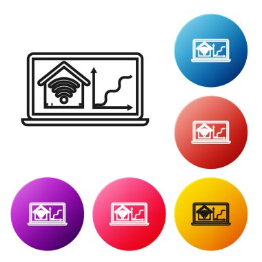 Beyaz arka plan üzerinde izole wi-fi simgesi ile akıllı ev ile Siyah hat Laptop. Uzaktan kumanda. Simgeleri renkli daire düğmeleri ayarlayın. Vektör İllüstrasyonu
