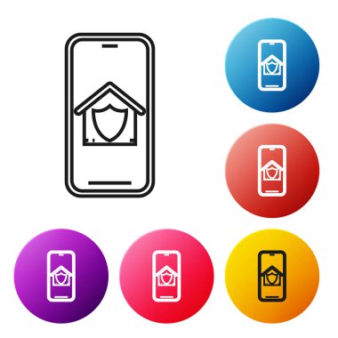 Beyaz arka plan üzerinde izole koruma simgesi altında ev ile Siyah hat Cep telefonu. Koruma, güvenlik, güvenlik, koruma, savunma konsepti. Simgeleri renkli daire düğmeleri ayarlayın. Vektör İllüstrasyonu
