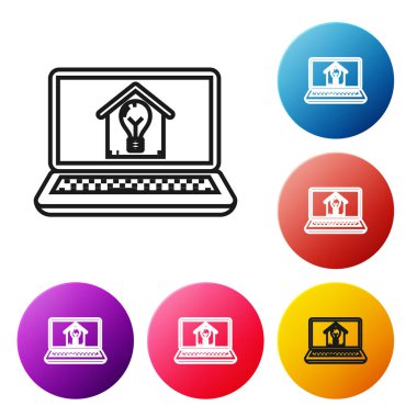 Akıllı ev ve ampul simgesi beyaz arka plan üzerinde izole ile Siyah hat Laptop. Simgeleri renkli daire düğmeleri ayarlayın. Vektör İllüstrasyonu