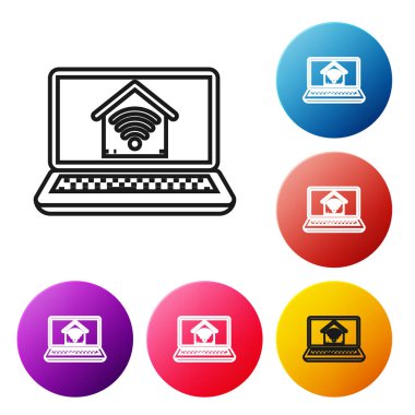Beyaz arka plan üzerinde izole wi-fi simgesi ile akıllı ev ile Siyah hat Laptop. Uzaktan kumanda. Simgeleri renkli daire düğmeleri ayarlayın. Vektör İllüstrasyonu