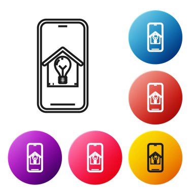 Akıllı ev ve ampul simgesi beyaz arka plan izole ile Siyah hat Cep telefonu. Simgeleri renkli daire düğmeleri ayarlayın. Vektör İllüstrasyonu