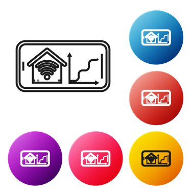 Beyaz arka plan üzerinde izole wi-fi simgesi ile akıllı ev ile Siyah hat Cep telefonu. Uzaktan kumanda. Simgeleri renkli daire düğmeleri ayarlayın. Vektör İllüstrasyonu