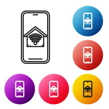 Beyaz arka plan üzerinde izole wi-fi simgesi ile akıllı ev ile Siyah hat Cep telefonu. Uzaktan kumanda. Simgeleri renkli daire düğmeleri ayarlayın. Vektör İllüstrasyonu