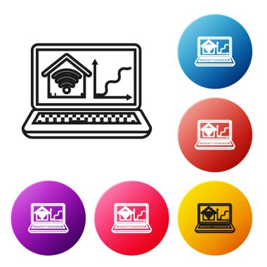 Beyaz arka plan üzerinde izole wi-fi simgesi ile akıllı ev ile Siyah hat Laptop. Uzaktan kumanda. Simgeleri renkli daire düğmeleri ayarlayın. Vektör İllüstrasyonu