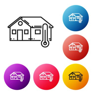 Siyah çizgi House sıcaklık simgesi beyaz arka plan üzerinde izole. Termometre simgesi. Simgeleri renkli daire düğmeleri ayarlayın. Vektör İllüstrasyonu