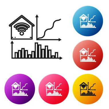 Beyaz arka plan üzerinde izole wi-fi simgesi ile Siyah hat Smart ev. Uzaktan kumanda. Simgeleri renkli daire düğmeleri ayarlayın. Vektör İllüstrasyonu