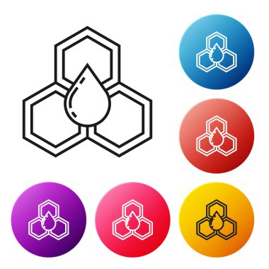 Siyah çizgi Petek simgesi beyaz arka plan üzerinde izole. Bal hücreleri sembolü. Tatlı doğal yemekler. Simgeleri renkli daire düğmeleri ayarlayın. Vektör İllüstrasyonu