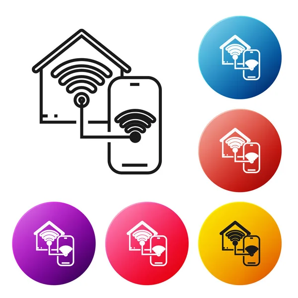 Línea negra Hogar inteligente con icono wi-fi aislado sobre fondo blanco. Control remoto. Establecer iconos botones círculo de colores. Ilustración vectorial — Vector de stock