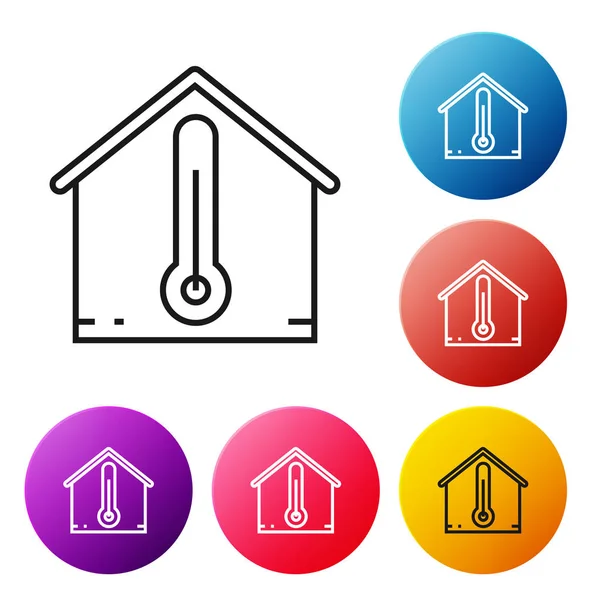 Schwarze Linie Haus Temperatur Symbol isoliert auf weißem Hintergrund. Thermometer-Symbol. setzen Symbole bunte Kreis-Tasten. Vektorillustration — Stockvektor