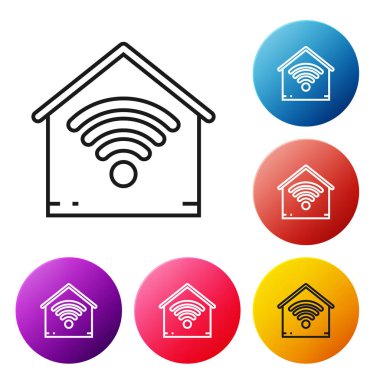 Beyaz arka plan üzerinde izole wi-fi simgesi ile Siyah hat Smart ev. Uzaktan kumanda. Simgeleri renkli daire düğmeleri ayarlayın. Vektör İllüstrasyonu