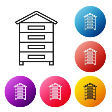 Beyaz arka planda izole arılar simgesi için siyah çizgi Hive. Arı kovanı sembolü. Apiary ve arıcılık. Tatlı doğal yemekler. Simgeleri renkli daire düğmeleri ayarlayın. Vektör İllüstrasyonu