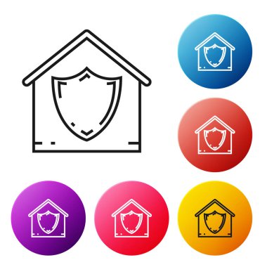 Siyah çizgi House beyaz arka plan üzerinde izole koruma simgesi altında. Koruma, güvenlik, güvenlik, koruma, savunma konsepti. Simgeleri renkli daire düğmeleri ayarlayın. Vektör İllüstrasyonu
