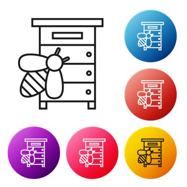 Beyaz arka planda izole arılar simgesi için siyah çizgi Hive. Arı kovanı sembolü. Apiary ve arıcılık. Tatlı doğal yemekler. Simgeleri renkli daire düğmeleri ayarlayın. Vektör İllüstrasyonu