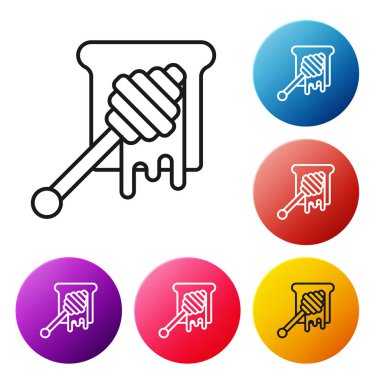 Siyah çizgi Bal dipper beyaz arka plan üzerinde izole bal simgesi damlama ile sopa. Bal kepçesi. Simgeleri renkli daire düğmeleri ayarlayın. Vektör İllüstrasyonu