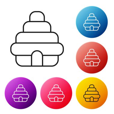 Beyaz arka planda izole arılar simgesi için siyah çizgi Hive. Arı kovanı sembolü. Apiary ve arıcılık. Tatlı doğal yemekler. Simgeleri renkli daire düğmeleri ayarlayın. Vektör İllüstrasyonu