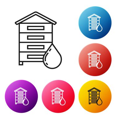 Beyaz arka planda izole arılar simgesi için siyah çizgi Hive. Arı kovanı sembolü. Apiary ve arıcılık. Tatlı doğal yemekler. Simgeleri renkli daire düğmeleri ayarlayın. Vektör İllüstrasyonu