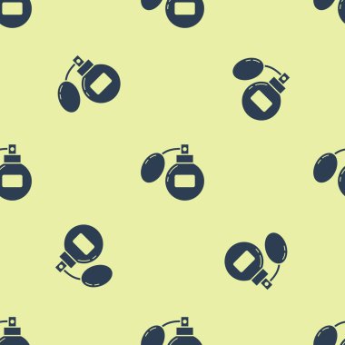 Mavi Tıraş losyonu ikonu sarı arkaplandaki kusursuz deseni izole etti. Parfüm spreyi ikonu. Erkek parfüm şişesi. Vektör İllüstrasyonu