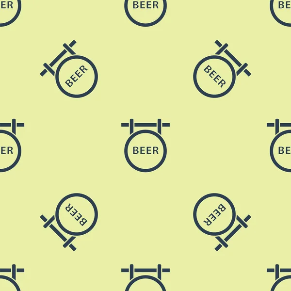 Panneau de rue bleu avec inscription Icône de bière motif isolé sans couture sur fond jaune. Convient pour les publicités bar, café, pub, restaurant. Illustration vectorielle — Image vectorielle