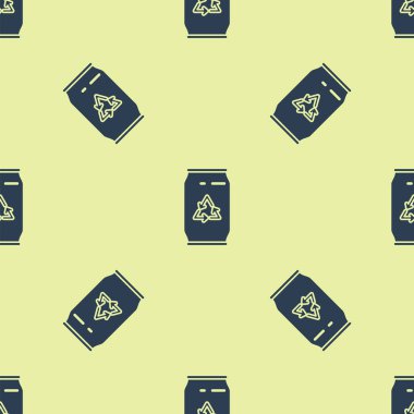 Mavi Can geri dönüşüm sembolü ile ve sarı arka plan üzerinde izole dikişsiz desen simgesi olabilir. Çöp kutusu simgesi. Çöp kutusu tabelası. Sepet işaretini geri dönüştürün. Vektör İllüstrasyonu