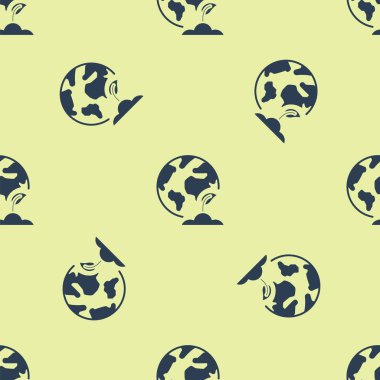 Mavi Dünya küre ve bitki simgesi sarı arka plan üzerinde izole dikişsiz desen. Dünya veya Dünya işareti. Geometrik şekiller. Çevre kavramı. Vektör İllüstrasyonu