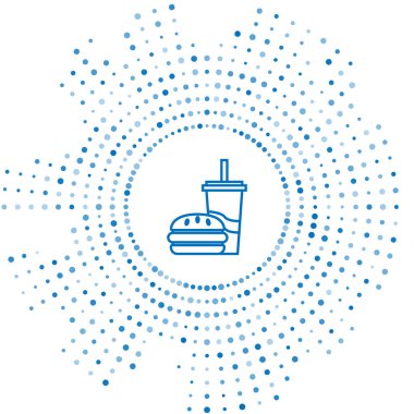 Beyaz arka plan üzerinde izole saman ve burger simgesi içme ile Mavi çizgi Kağıt cam. Soda su içecek işareti. Hamburger, çizburgerli sandviç. Soyut daire rasgele nokta. Vektör İllüstrasyonu