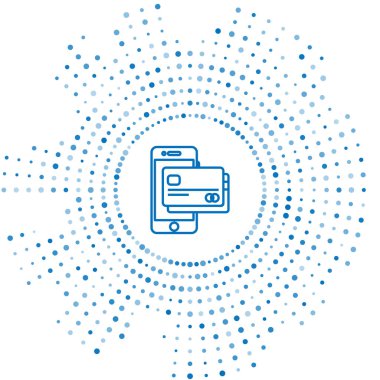Mavi çizgi Cep telefonu ve kredi kartı simgesi beyaz arka planda yalıtılmış. Smartphone online ödeme konsepti. Nfc ödeme. Transfer simgesi. Soyut daire rasgele nokta. Vektör İllüstrasyonu