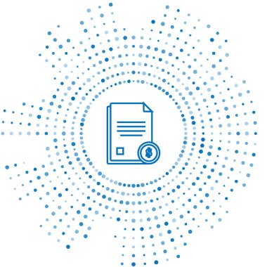 Mavi çizgi Finans belge simgesi beyaz arka planda yalıtılmış. Fatura veya fatura kavramı için dolar sikke ile Kağıt banka belgesi. Soyut daire rasgele nokta. Vektör İllüstrasyonu