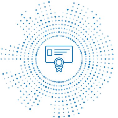 Mavi çizgi Sertifika şablonu simgesi beyaz arka planda yalıtılmış. Başarı, ödül, derece, hibe, diploma kavramları. İş başarı belgesi. Soyut daire rasgele nokta. Vektör İllüstrasyonu