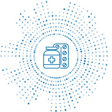 Mavi çizgi Tıp şişe ve hap simgesi beyaz arka plan üzerinde izole. Şişe hapı işareti. Eczane tasarımı. Soyut daire rasgele nokta. Vektör İllüstrasyonu