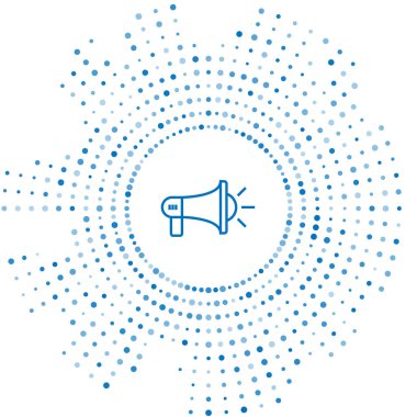 Mavi çizgi Megafon simgesi beyaz arka plan üzerinde izole. Yüksek sesli konuşma uyarısı kavramı. Sözcü için Bullhorn çığlık promosyon. Soyut daire rasgele nokta. Vektör İllüstrasyonu
