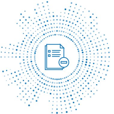 Beyaz arka planda yalıtılmış eksi simgesi olan Mavi çizgi Belge. Belgeyi temizleyin. Dosya belgesini kaldırın. Bilgi dosyalarını silin. Soyut daire rasgele nokta. Vektör İllüstrasyonu