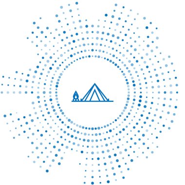 Beyaz arka plan üzerinde izole ahşap yangın simgesi ile Mavi hat Turist çadır. Kamp sembolü. Soyut daire rasgele nokta. Vektör İllüstrasyonu