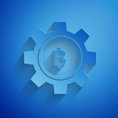 Kağıt mavi arka plan üzerinde izole Cryptocurrency sikke Bitcoin simgesi kesti. Dişli ve Bitcoin ayarı. Blockchain tabanlı güvenli kripto para birimi. Kağıt sanat tarzı. Vektör İllüstrasyonu