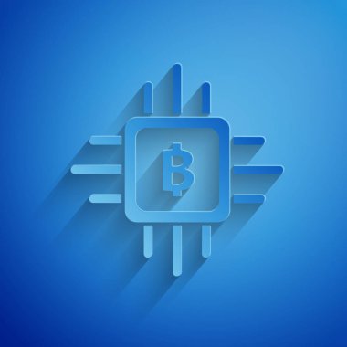 Kağıt kesme Cpu madencilik çiftlik simgesi mavi arka plan üzerinde izole. Bitcoin işlemci içinde işareti. Kripto para madenciliği topluluğu. Dijital para. Kağıt sanat tarzı. Vektör İllüstrasyonu