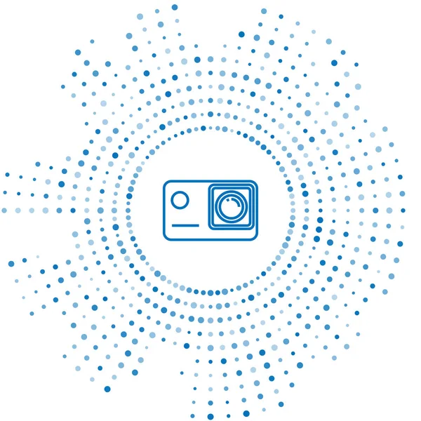 Blue line Action extreme camera icon isolated on white background. Video camera equipment for filming extreme sports. Abstract circle random dots. Vector Illustration — Stock Vector