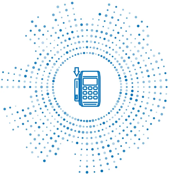 Linha azul Pos terminal com ícone de cartão de crédito inserido isolado no fundo branco. Transação do terminal de pagamento. Pagar com cartão. Pontos aleatórios de círculo abstrato. Ilustração vetorial —  Vetores de Stock