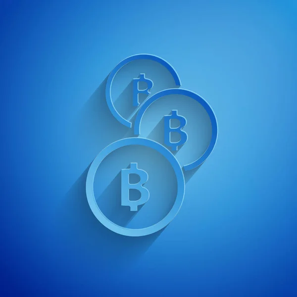 Corte de papel Criptomoeda ícone Bitcoin moeda isolada no fundo azul. Moeda física. Blockchain baseado em moeda criptomoeda segura. Estilo de arte de papel. Ilustração vetorial — Vetor de Stock