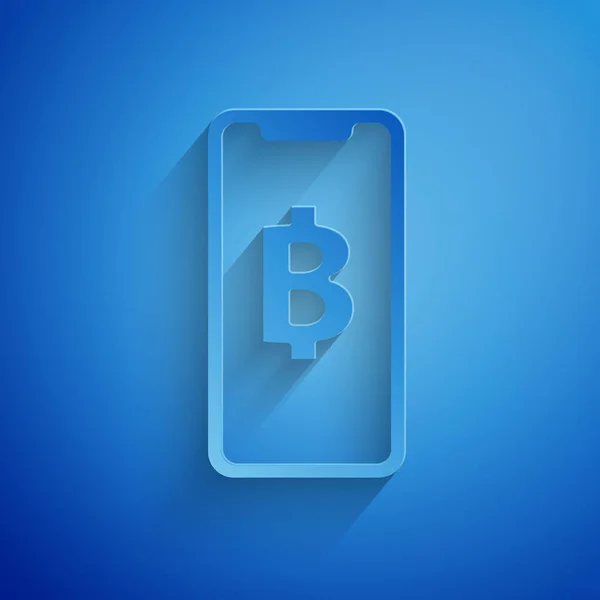 Papel cortado Telefone celular e criptomoeda moeda ícone Bitcoin isolado no fundo azul. Moeda física. Blockchain baseado em moeda criptomoeda segura. Estilo de arte de papel. Ilustração vetorial — Vetor de Stock