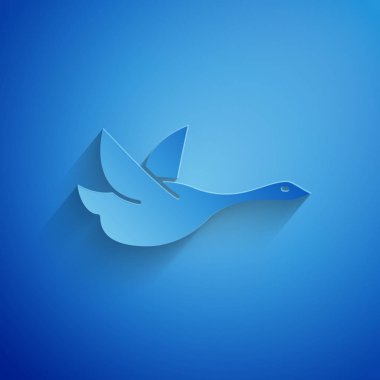 Kağıt mavi arka plan üzerinde izole Uçan ördek simgesi kesti. Kağıt sanat tarzı. Vektör İllüstrasyonu