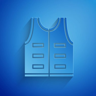 Kağıt mavi arka plan üzerinde izole Avcılık ceket simgesi kesti. Av yeleği. Kağıt sanat tarzı. Vektör İllüstrasyonu