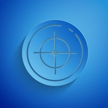 Kağıt mavi arka plan üzerinde izole rekabet simgesi çekim için Hedef spor kesti. Atış mesafesi veya atış için numaralarla hedefi temizleyin. Kağıt sanat tarzı. Vektör İllüstrasyonu