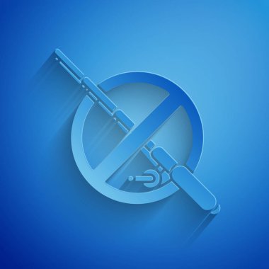 Kağıt kesim Mavi arka planda izole edilmiş balıkçılık simgesi yok. Yasaklama işareti. Kağıt sanat tarzı. Vektör İllüstrasyonu