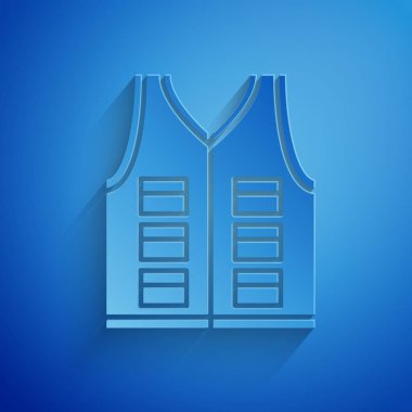 Kağıt mavi arka plan üzerinde izole Balıkçılık ceket simgesi kesti. Balıkçı yeleği. Kağıt sanat tarzı. Vektör İllüstrasyonu