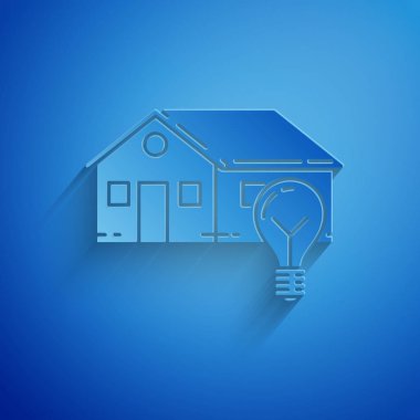 Kağıt kesilmiş Akıllı ev ve ampul simgesi mavi arka plan üzerinde izole. Kağıt sanat tarzı. Vektör İllüstrasyonu