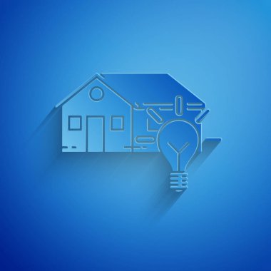 Kağıt kesilmiş Akıllı ev ve ampul simgesi mavi arka plan üzerinde izole. Kağıt sanat tarzı. Vektör İllüstrasyonu