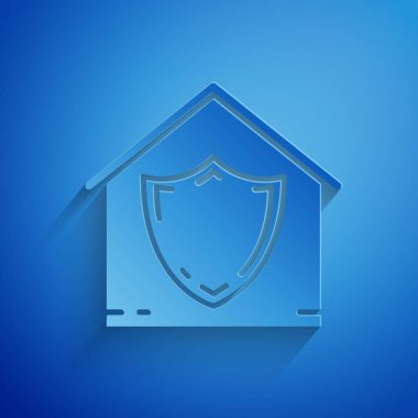 Kağıt mavi arka plan üzerinde izole koruma simgesi altında House kesti. Koruma, güvenlik, güvenlik, koruma, savunma konsepti. Kağıt sanat tarzı. Vektör İllüstrasyonu