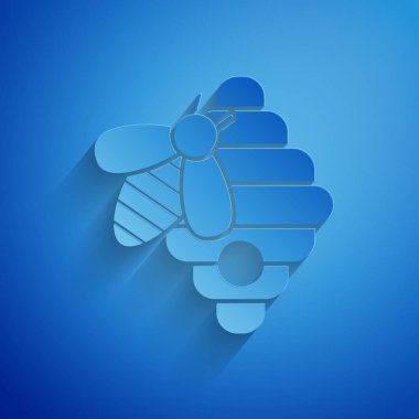 Mavi arka planda izole arılar simgesi için Kağıt kesme Kovanı. Arı kovanı sembolü. Apiary ve arıcılık. Tatlı doğal yemekler. Kağıt sanat tarzı. Vektör İllüstrasyonu