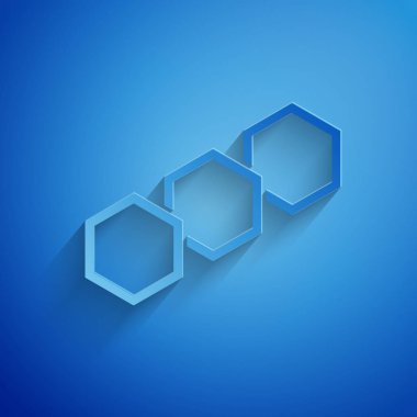 Kağıt kesme Petek simgesi mavi arka plan üzerinde izole. Bal hücreleri sembolü. Tatlı doğal yemekler. Kağıt sanat tarzı. Vektör İllüstrasyonu